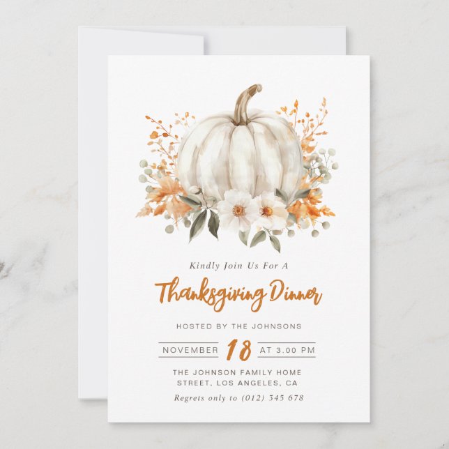 watercolor pumpkin floral Thanksgiving dinner Invitation (Front)