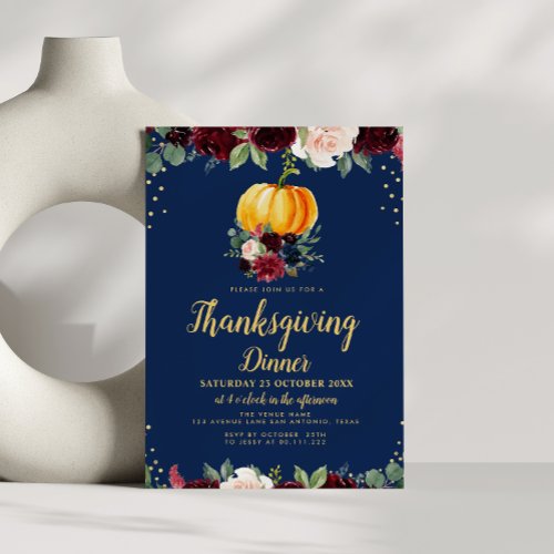 Watercolor pumpkin floral thanksgiving dinner invitation