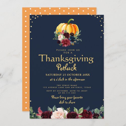 Watercolor pumpkin floral thanksgiving potluck invitation