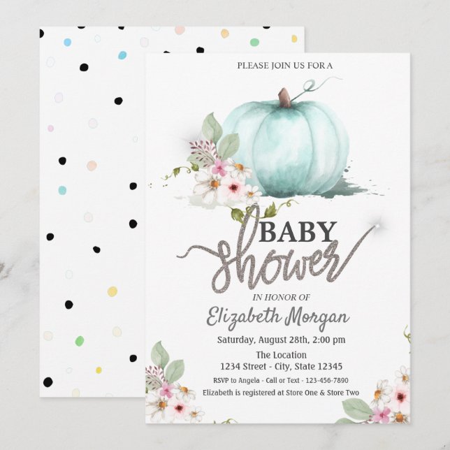 Watercolor Pumpkin Flowers Dotted Baby Shower   Invitation (Front/Back)