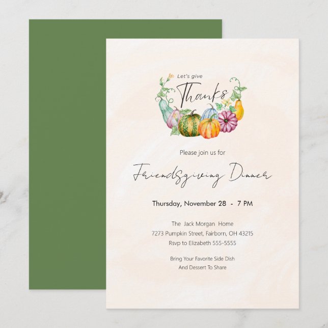 Watercolor Pumpkin Friendsgiving Dinner Party Invitation (Front/Back)
