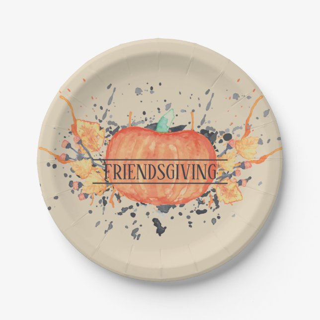 Watercolor Pumpkin Friendsgiving Paper Plates (Front)