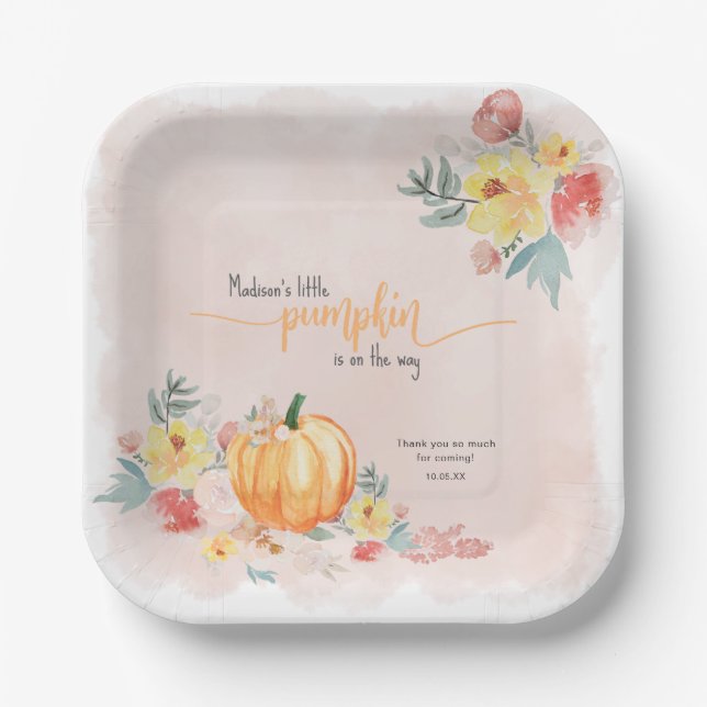 Watercolor Pumpkin girl baby shower Paper Plates (Front)