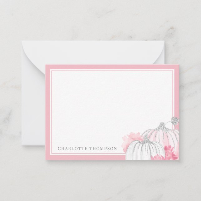 Watercolor Pumpkin Glitter Blush Pink Silver  Note Card (Front)