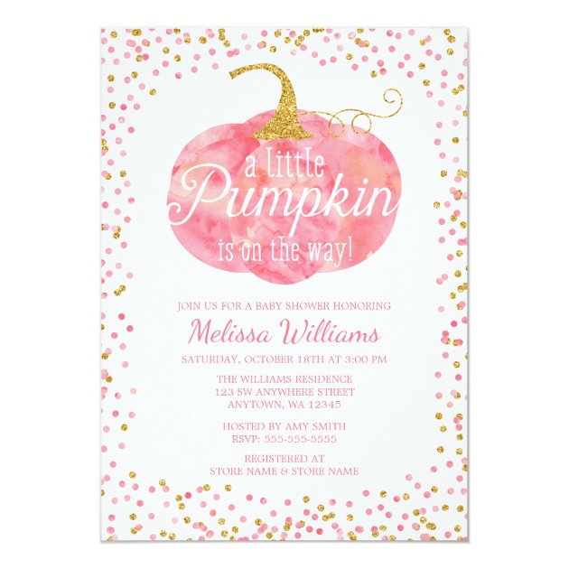 Watercolor Pumpkin Glitter Fall Girl Baby Shower Invitation