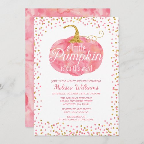 Watercolor Pumpkin Glitter Fall Girl Baby Shower Invitation