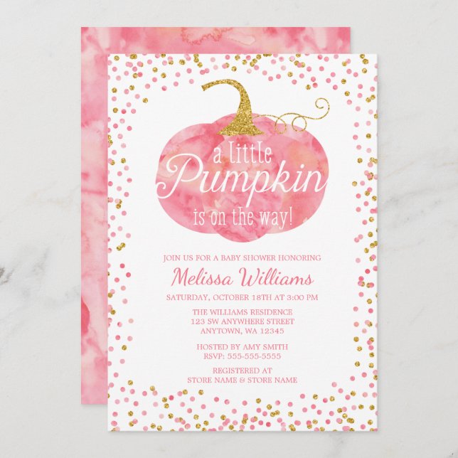 Watercolor Pumpkin Glitter Fall Girl Baby Shower Invitation (Front/Back)
