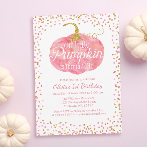 Watercolor Pumpkin Glitter Girl First Birthday Invitation