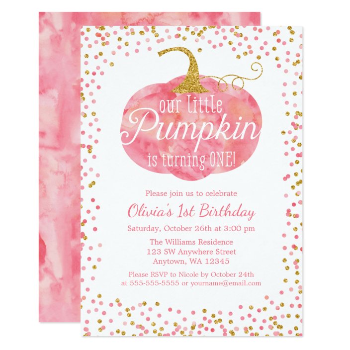 Watercolor Pumpkin Glitter Girl First Birthday Invitation Zazzle Com