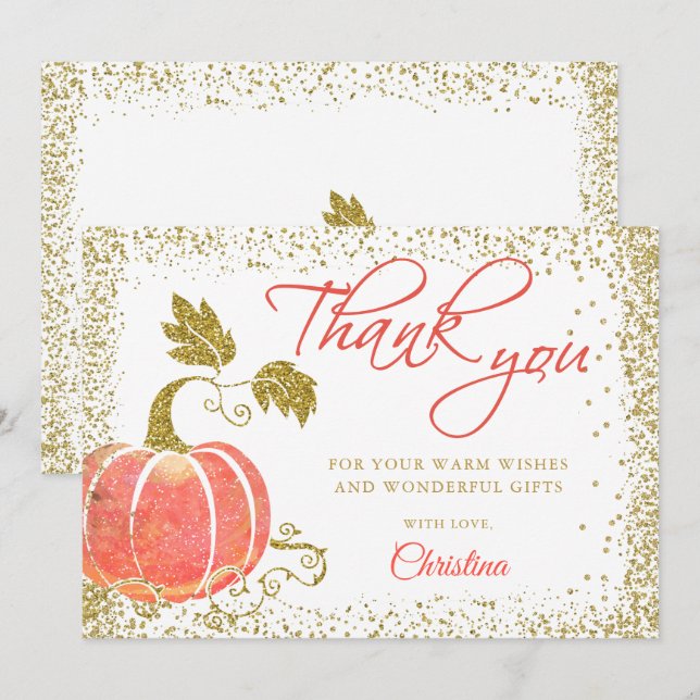 Watercolor Pumpkin Gold Glitter Fall Thank You (Front/Back)