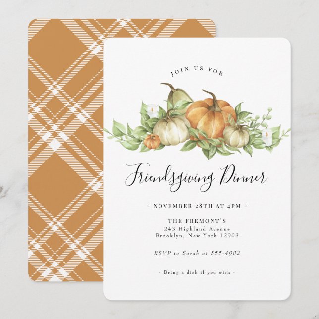 Watercolor Pumpkin Gourd Greenery Friendsgiving Invitation (Front/Back)