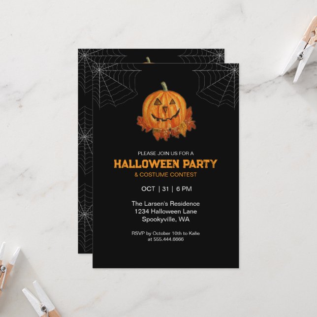 Watercolor Pumpkin Halloween Party Invitation (Front/Back In Situ)