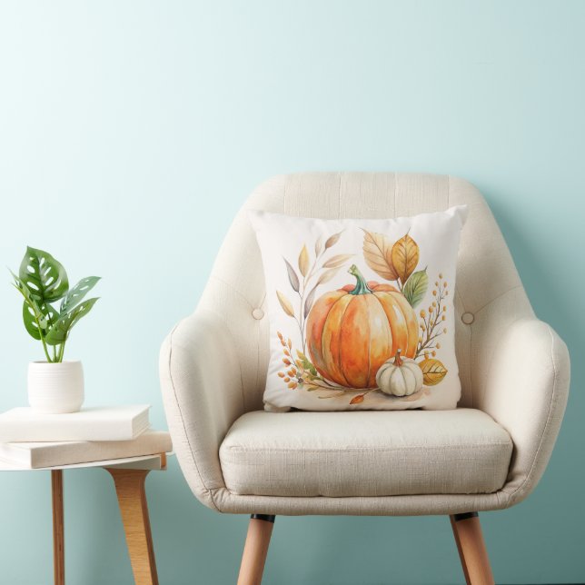 Watercolor Pumpkin, Happy Fall Y'all, Eucro Boho Throw Pillow (Chair)