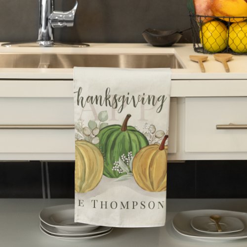 Watercolor Pumpkin Happy Thanksgiving Custom Kitchen Towel
