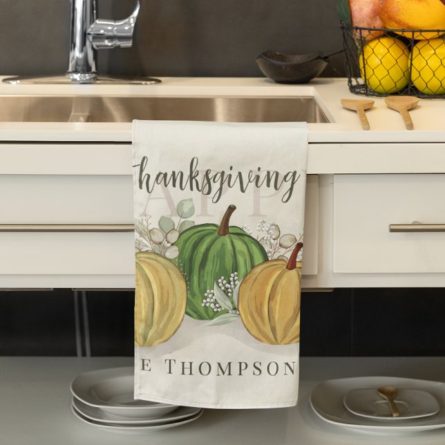 Watercolor Pumpkin Happy Thanksgiving Custom Kitchen Towel (Fall Happy Thanksgiving gourds custom kitchen towel)