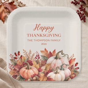 Watercolor Pumpkin Happy Thanksgiving Paper Plates