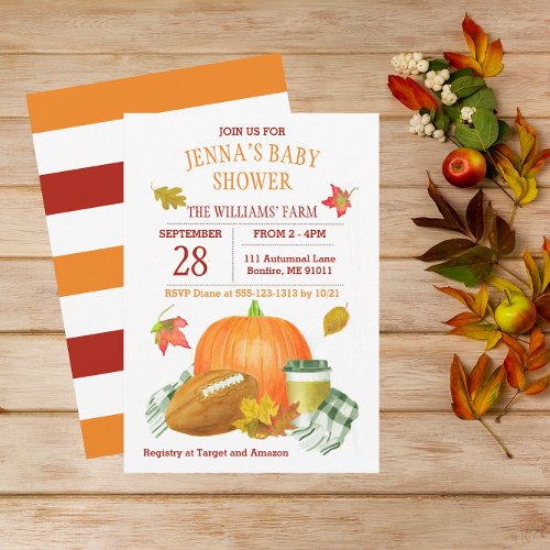 Watercolor Pumpkin Latte and Football Baby Shower Invitation