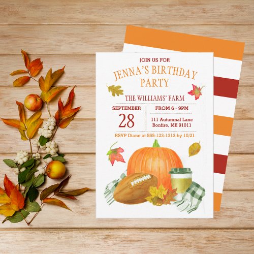 Watercolor Pumpkin Latte and Football Party Invitation