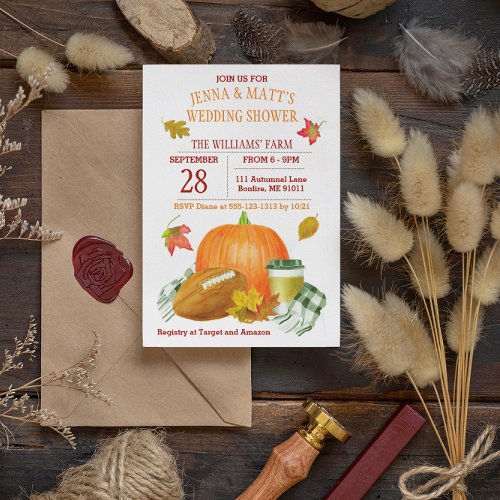 Watercolor Pumpkin Latte Football Wedding Shower Invitation