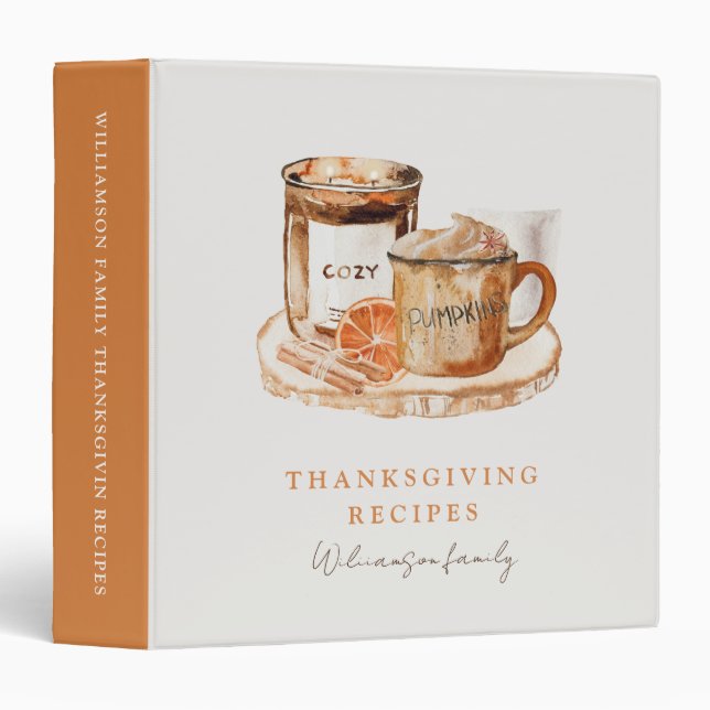 Watercolor Pumpkin Latte Thanksgiving Recipes 3 Ring Binder (Front/Spine)