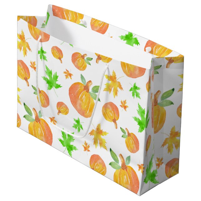 Watercolor Pumpkin & Maple Leaf Pattern  Large Gift Bag (Front Angled)