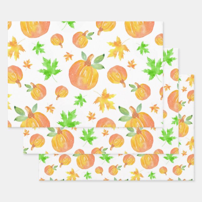 Watercolor Pumpkin & Maple Leaf Pattern  Wrapping Paper Sheets (Set)