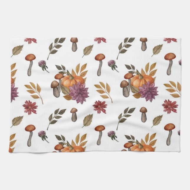 Watercolor Pumpkin Mushrooms Fall Autumn Themed  Kitchen Towel (Horizontal)