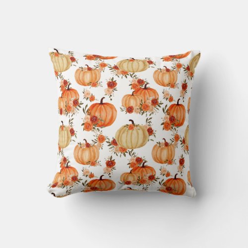 Watercolor Pumpkin Orange Floral Pattern Throw Pillow