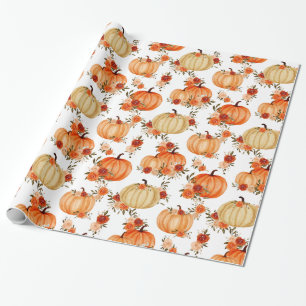 Watercolor Pumpkin Orange Floral Roses Wrapping Paper