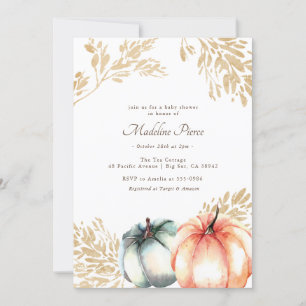 Watercolor Pumpkin Orange Gold Fall Baby Shower Invitation