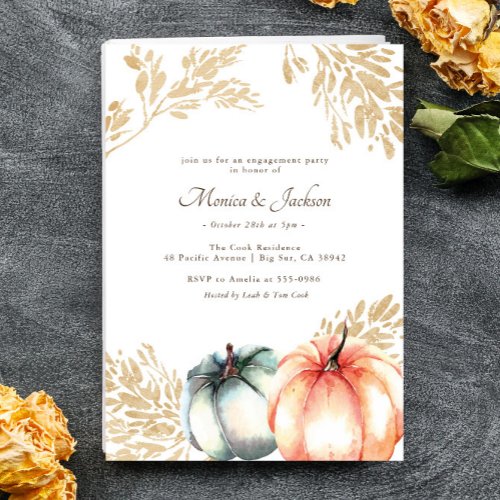 Watercolor Pumpkin Orange Gold Fall Engagement Invitation