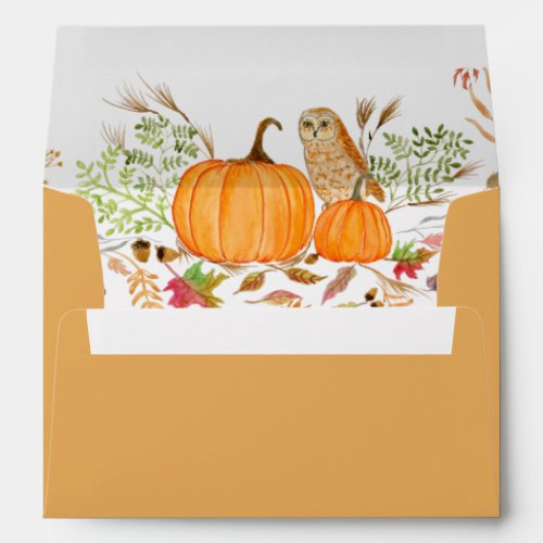 Watercolor Pumpkin  Owl In Autumn Envelope