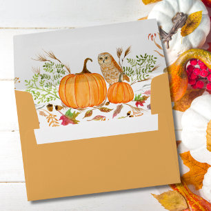 Watercolor Pumpkin & Owl In Autumn Envelope