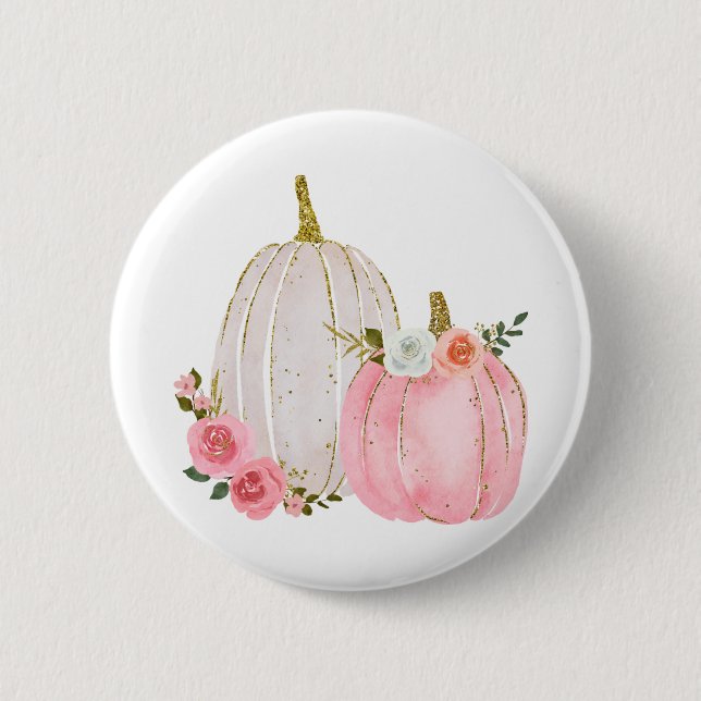 Watercolor Pumpkin Pastel Pink Floral Rose Button (Front)