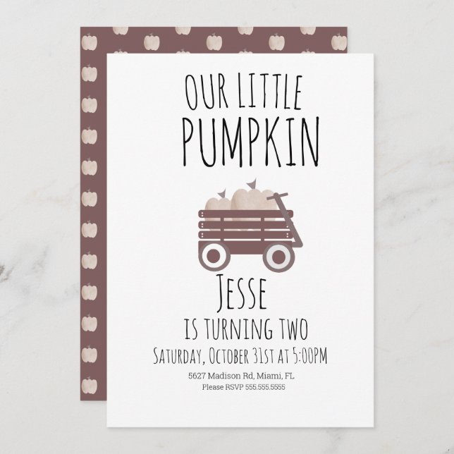Watercolor Pumpkin Patch Fall Wagon Brown Birthday Invitation (Front/Back)