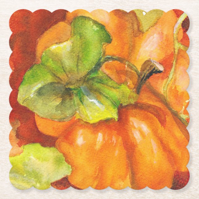 Watercolor Pumpkin Patch Square Paper Coaster (Front)