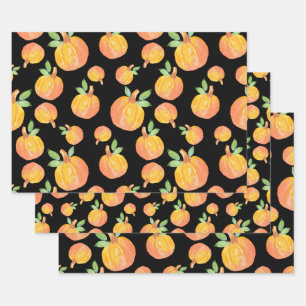 Watercolor Pumpkin Pattern Black Background Wrapping Paper Sheets
