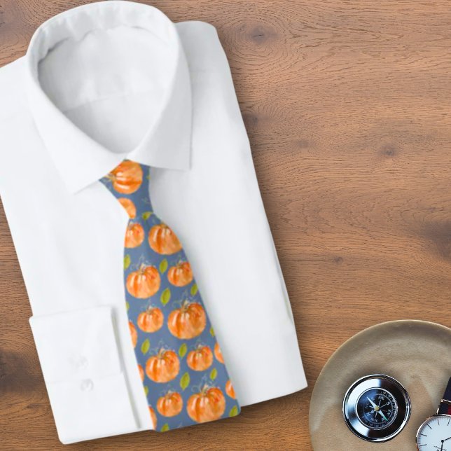 Watercolor Pumpkin Pattern on Blue Neck Tie (Creator Uploaded)