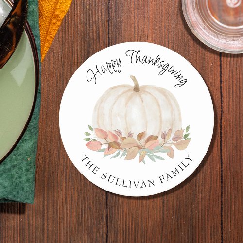 Watercolor Pumpkin Personalized Happy Thanksgiving Round Paper Coaster