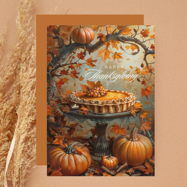 Watercolor Pumpkin Pie Autumn Leaves Thanksgiving Holiday Card (Creator Uploaded)