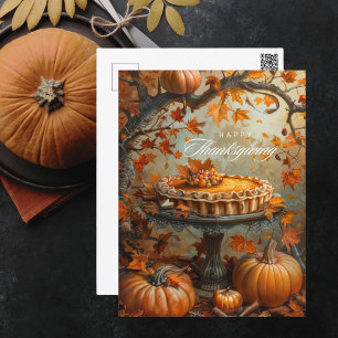 Watercolor Pumpkin Pie Autumn Leaves Thanksgiving Holiday Postcard