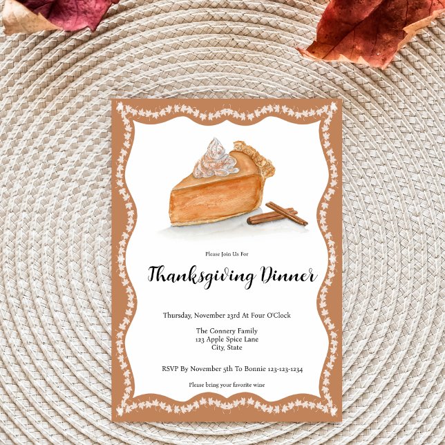 Watercolor Pumpkin Pie Maple Leaves Thanksgiving Invitation (Elegant watercolor invite: Harvest Delights await at your Thanksgiving gathering!)