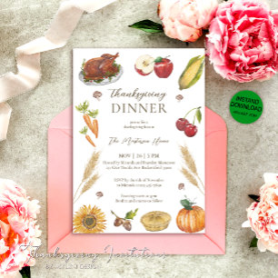Watercolor Pumpkin Pie Turkey Thanksgiving Dinner Invitation