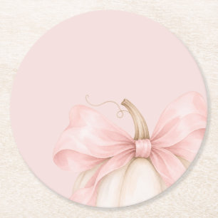 Watercolor Pumpkin Pink Bow Baby Girl Shower Round Paper Coaster