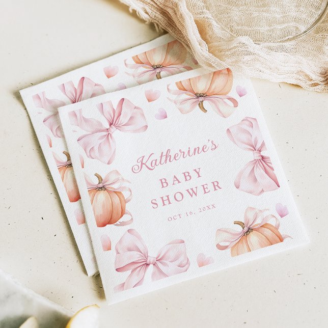 Watercolor Pumpkin Pink Bow Baby Shower Napkins (Creator Uploaded)