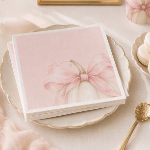 Watercolor Pumpkin Pink Bow Fall Baby Girl Shower Napkins