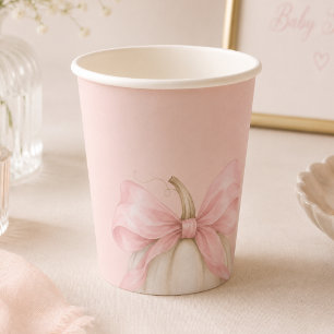 Watercolor Pumpkin Pink Bow Fall Baby Girl Shower Paper Cups