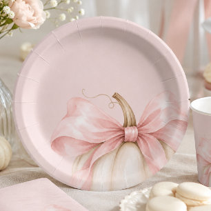 Watercolor Pumpkin Pink Bow Fall Baby Girl Shower Paper Plates