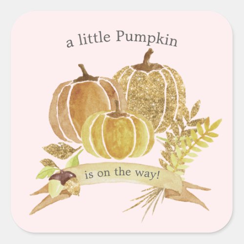 Watercolor Pumpkin Pink Fall Baby Shower Square Sticker