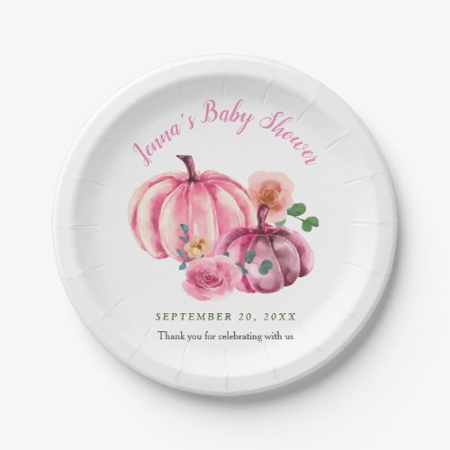 Watercolor Pumpkin Pink Floral  Baby Shower  Paper Plates